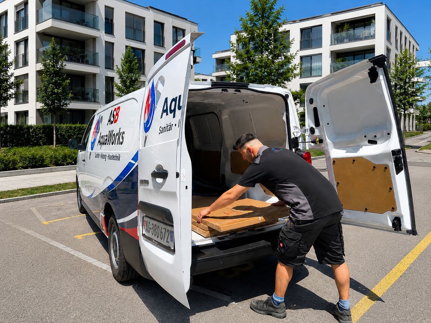 Armend Shala beim Ausladen von Material am Firmenwagen